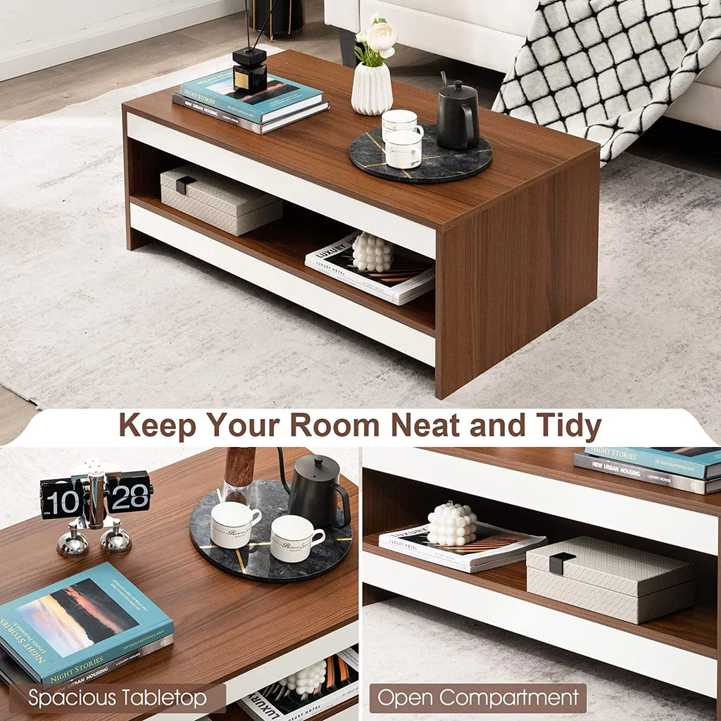 37 Inch Two-Tier Wooden Coffee Table with Storage Shelf X428
