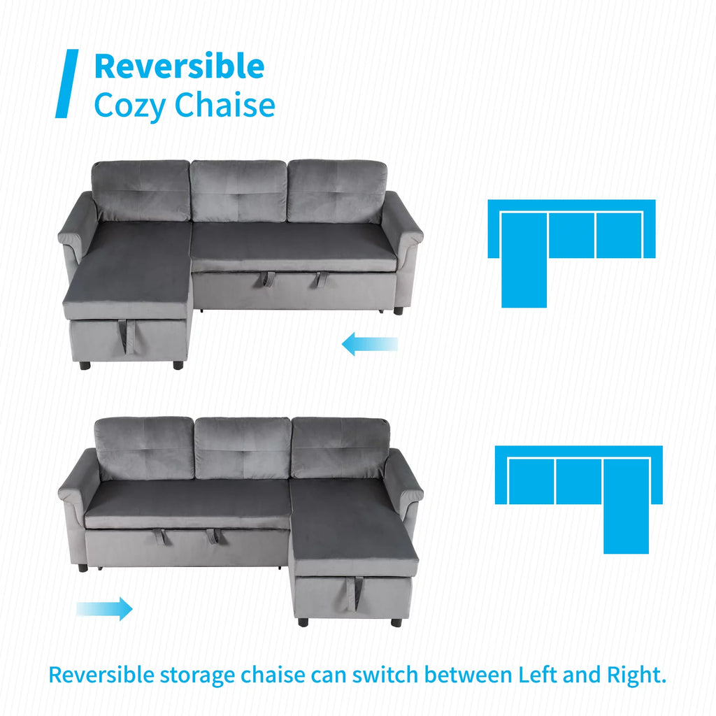Light Gray Velvet Reversible Sectional Sofa with Storage Chaise I13725