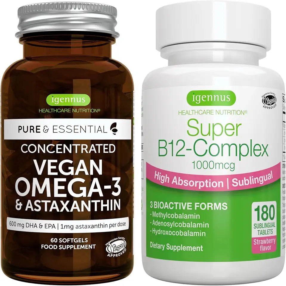 Vegan Omega-3 + B12-Complex 1000mcg Bundle, EPA & DHA Algae Oil 1340mg Sublingual Vitamin B12 G4466