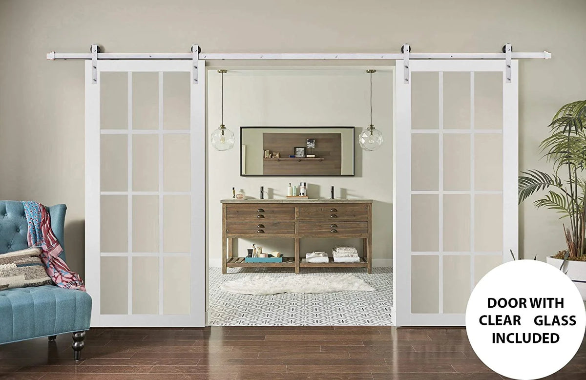 Double Barn Door with Clear Glass 12 lites Matte White X29794