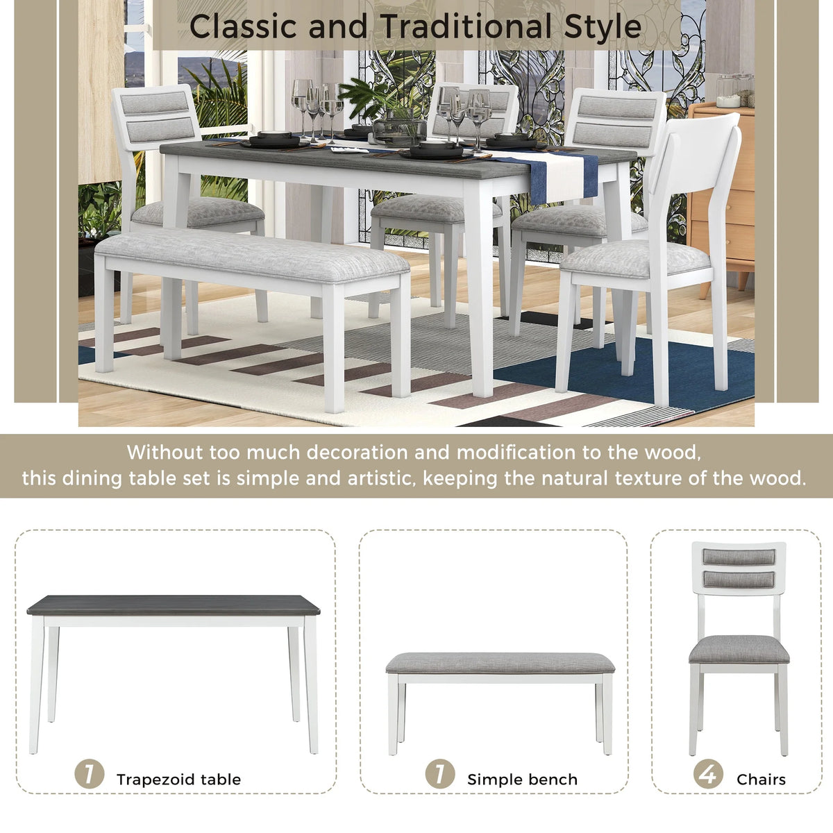6 Piece Dining Table and Chair Set with 4 Upholstered Chairs and 1 Upholstered Bench P61631