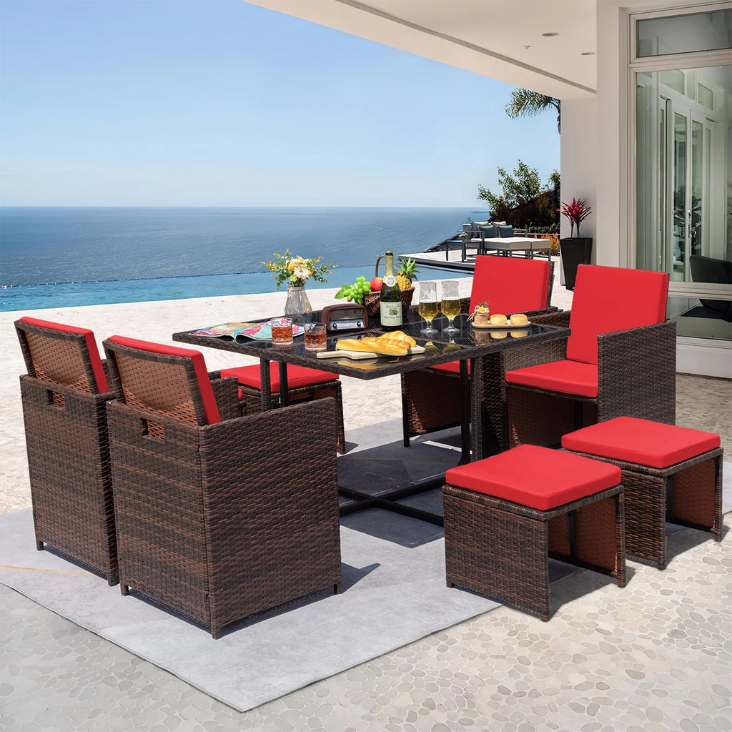 9 Pieces Outdoor Dining Set Wicker Chairs with Glass Table D8796