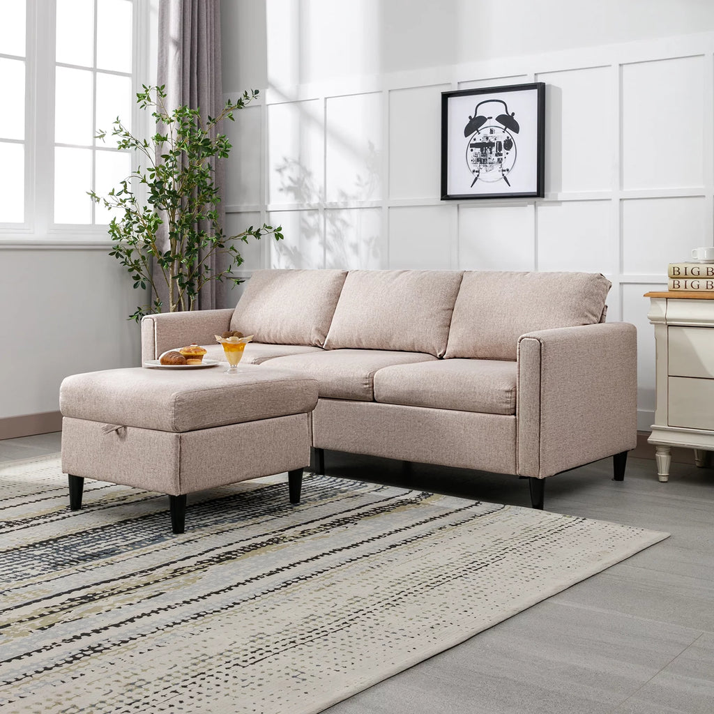 Small Sectional Sofa 3 Seater with Storage Ottoman Light Grey P484