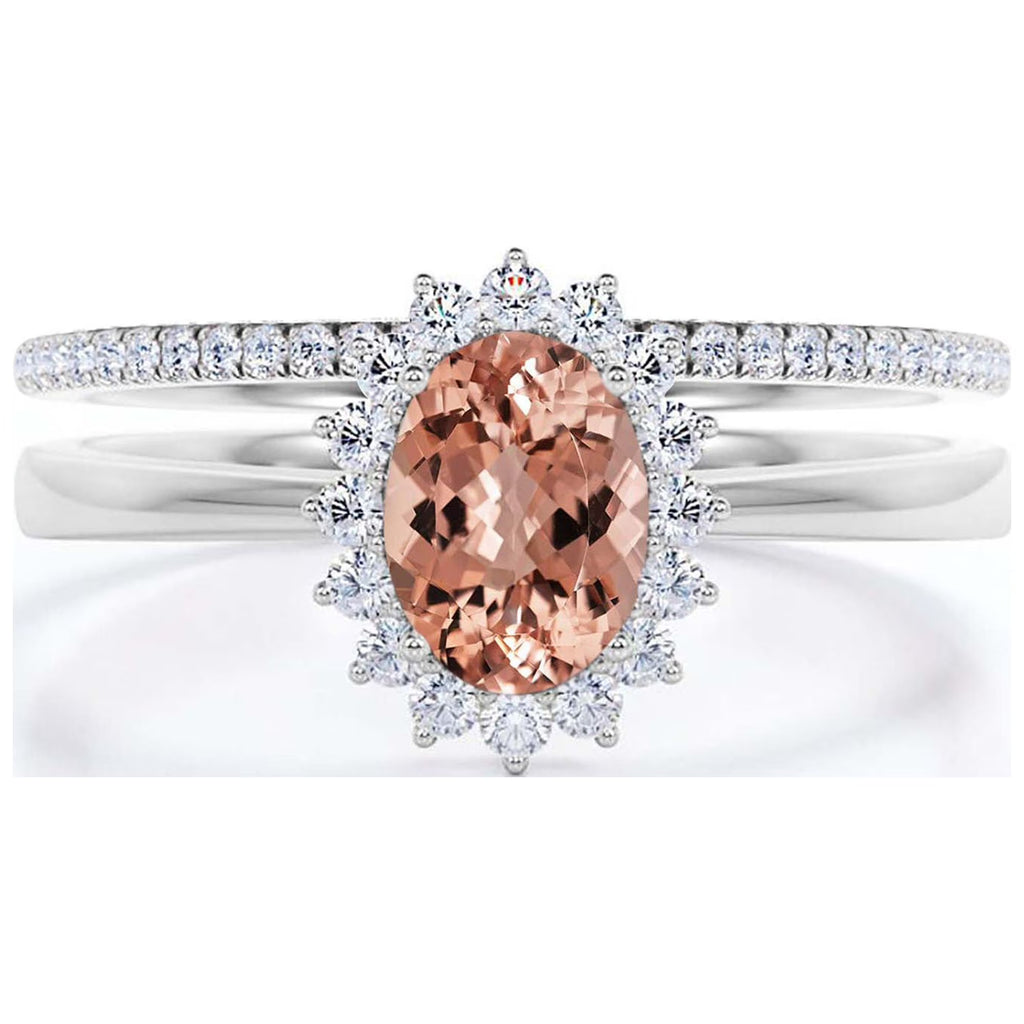 2.00 Carat Oval Morganite And Diamond Moissanite Engagement Ring With Matching Band in 925 Sterling Silver U483790