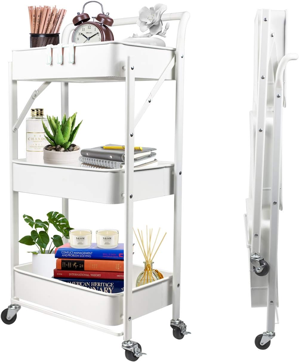 Blue Yellow 3-Tier Metal Rolling Utility Cart with Lockable Caster Wheels F3635