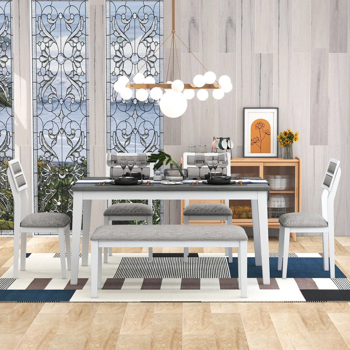 6 Piece Dining Table and Chair Set with 4 Upholstered Chairs and 1 Upholstered Bench P61631