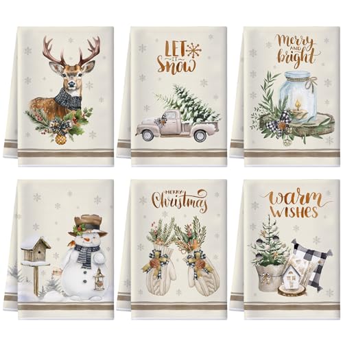 6 Pcs Christmas Kitchen Dish Hand Towels 16 x 24 Inch V746