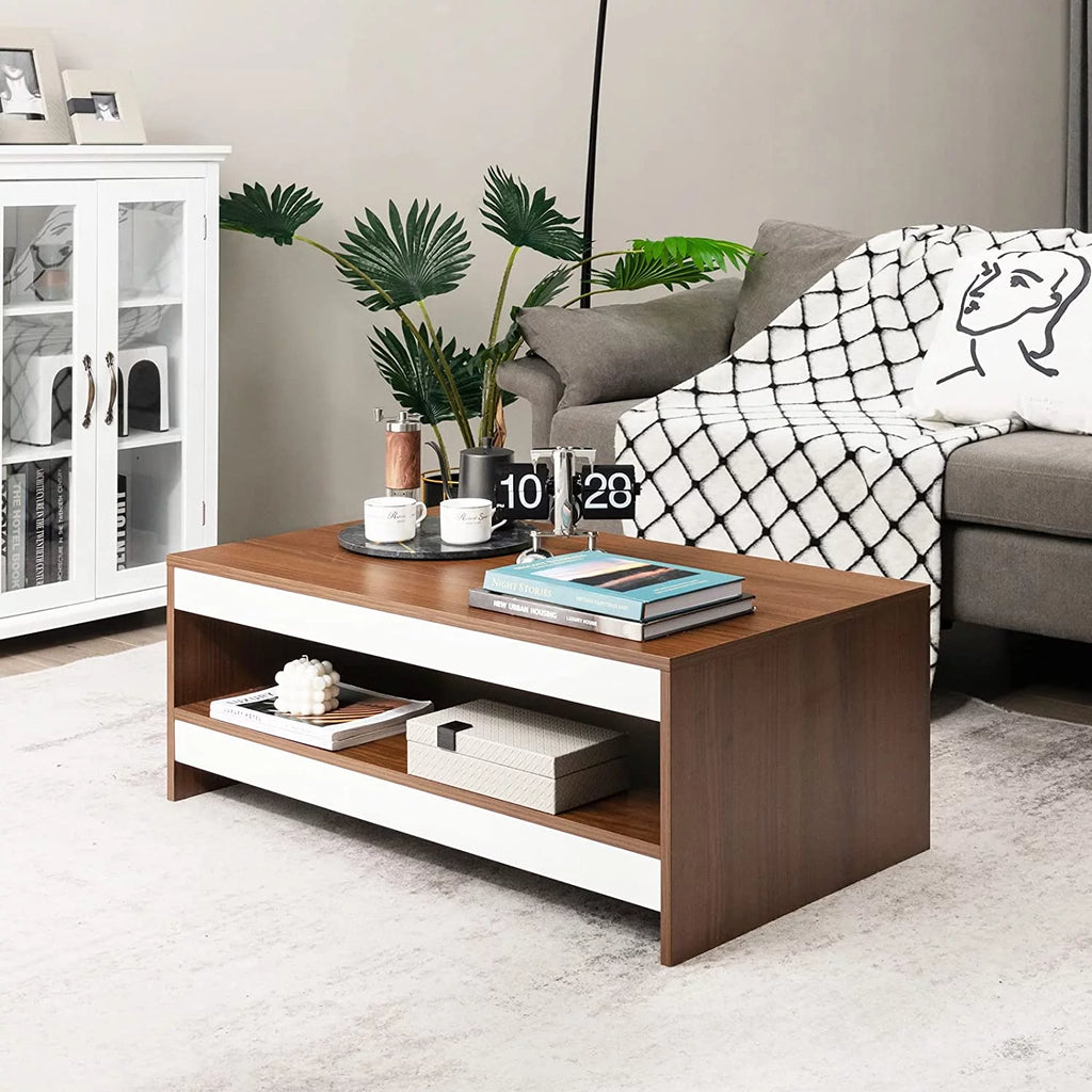 37 Inch Two-Tier Wooden Coffee Table with Storage Shelf X428