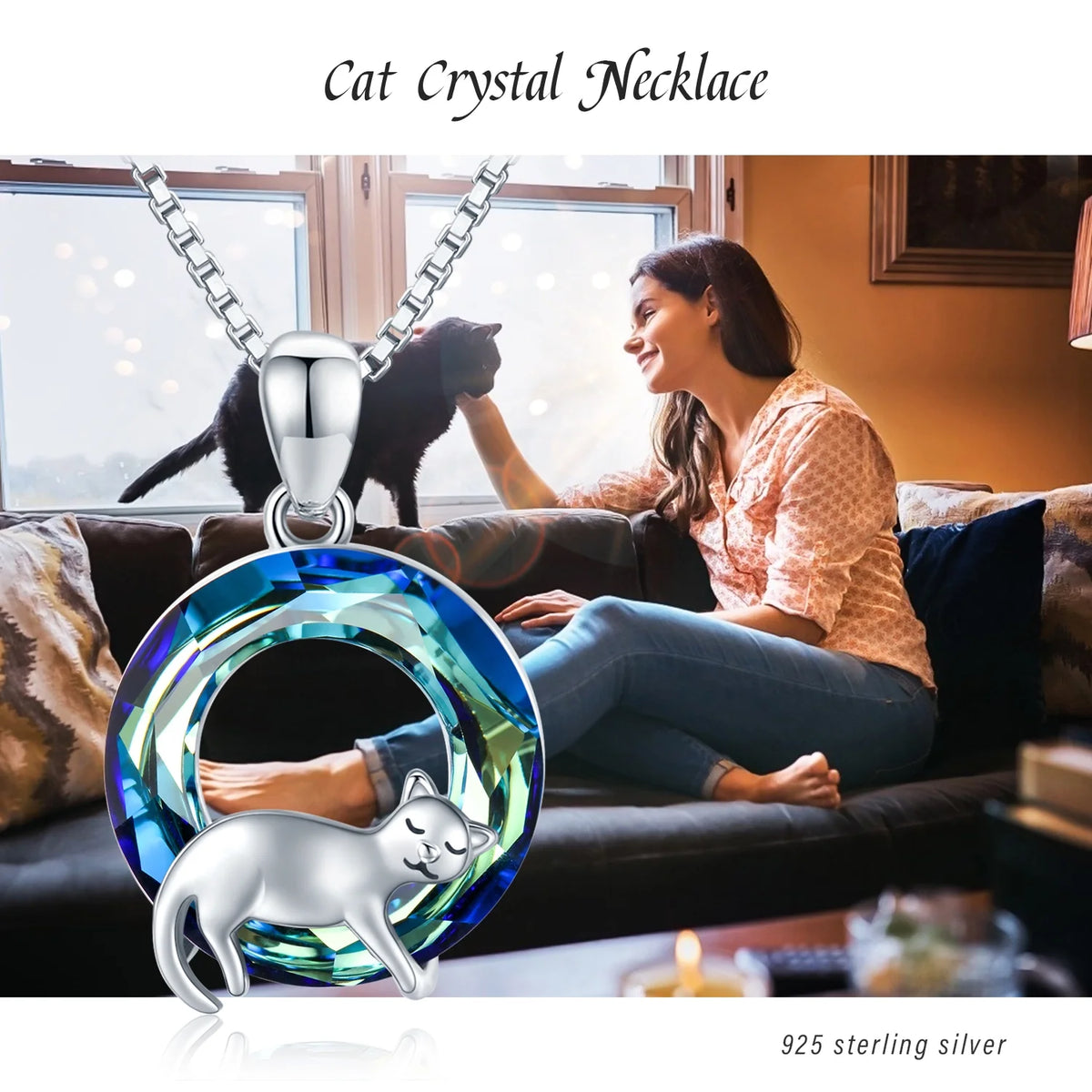 Cat Crystal Pendant Necklace 925 Sterling Silver S8304