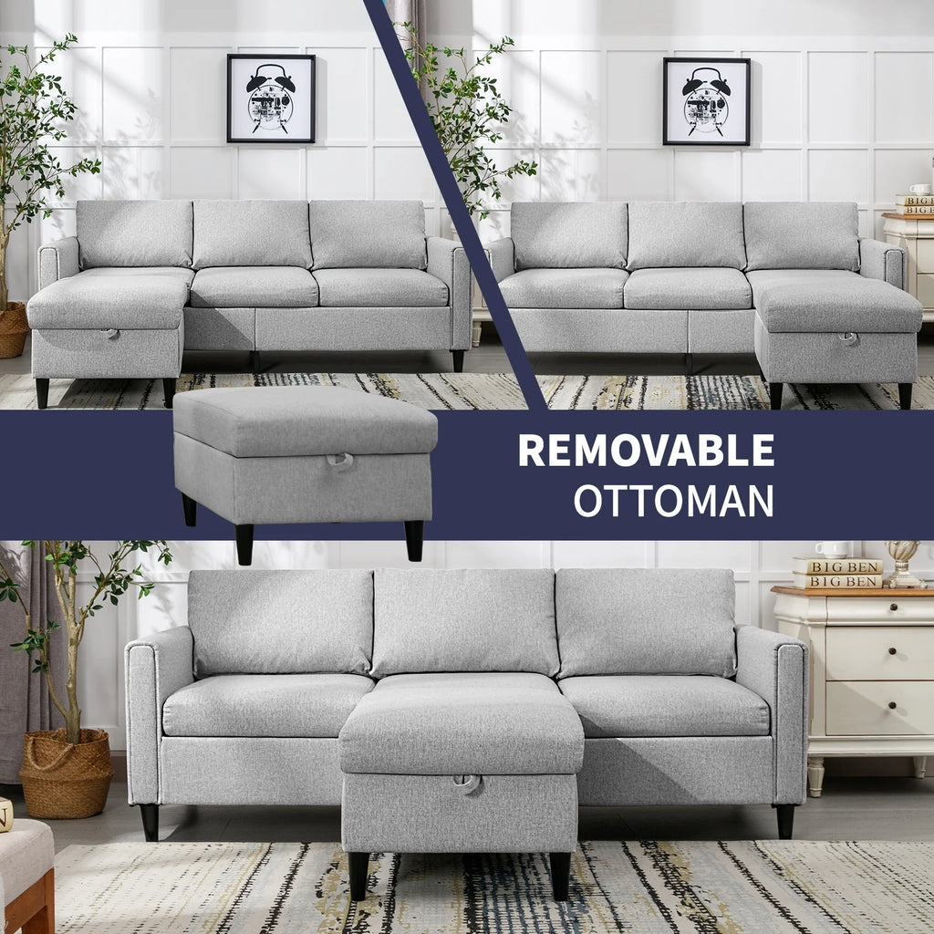 Small Sectional Sofa 3 Seater with Storage Ottoman Light Grey P484