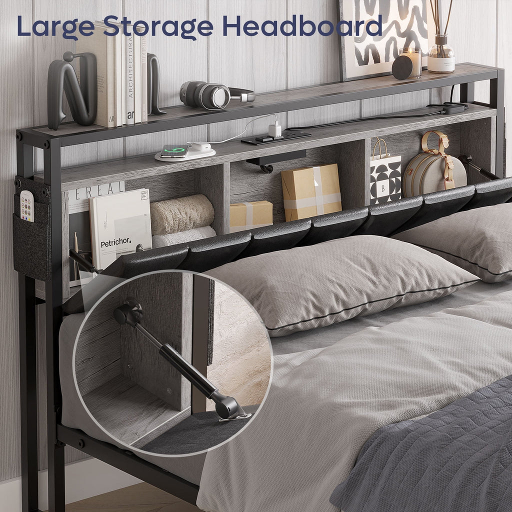 Queen Size Platform Bed Frame with Storage Headboard and 2 Drawers U627