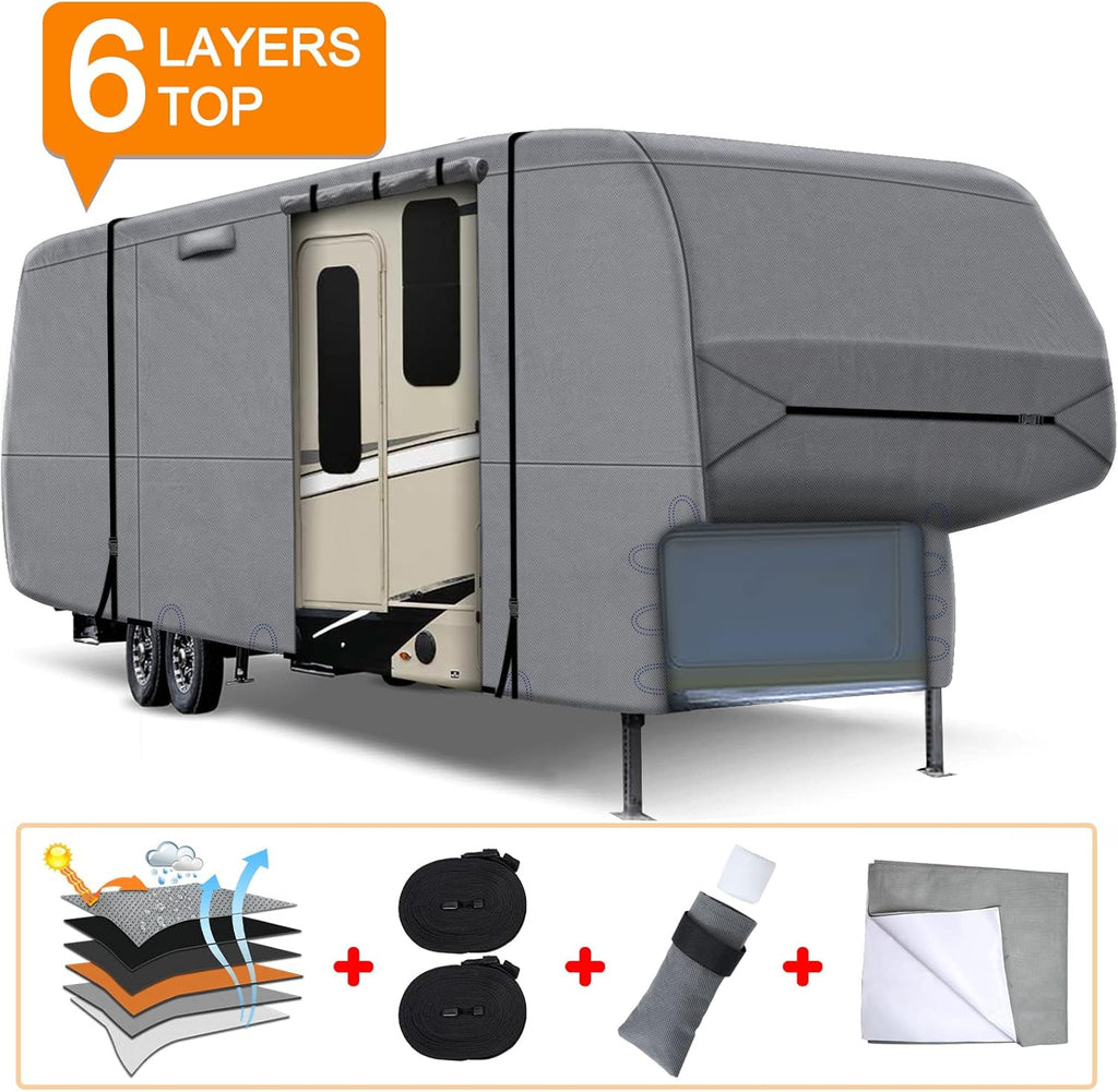 Heavy Duty 6 Layers 5th Wheel RV Cover Anti-UV Breathable Rip-Stop with 2Pcs Extra Straps & Gutter Spout Covers F5743